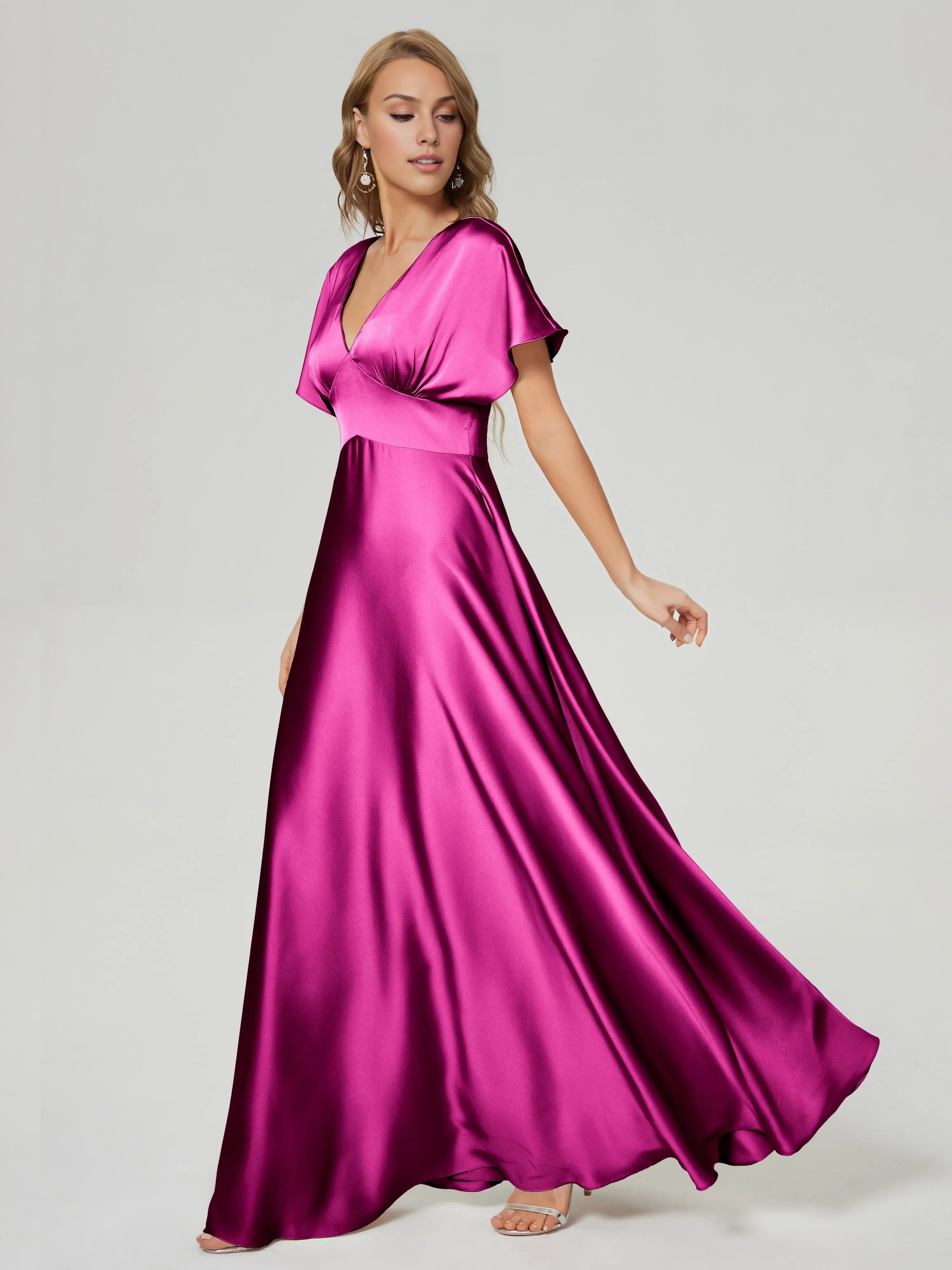 Simple A-Line V-neck Short Sleeves V Back Floor-Length Prom Dress